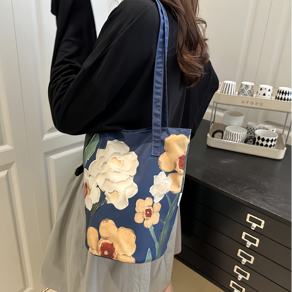 Fashion Oil Painting Flower Summer Handbag - Women'S Trendy Lightweight Shoulder Bag, Summer Large Capacity Tote Bag, Shoulder Back And Bucket Design, Magnetic Buckle Closure, Suitable For Daily Commuting And Leisure Bucket Bag.