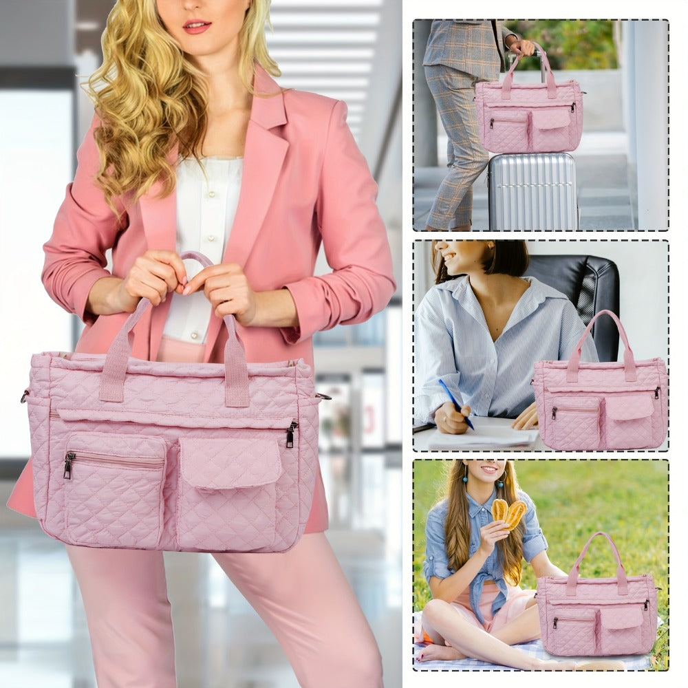 2pcs/Set Large Lightweight Quilted Nylon Tote Bag for Women, Laptop Work Bags Crossbody Shoulder Hobo Messenger Handbag Purse Travel Gym Totes