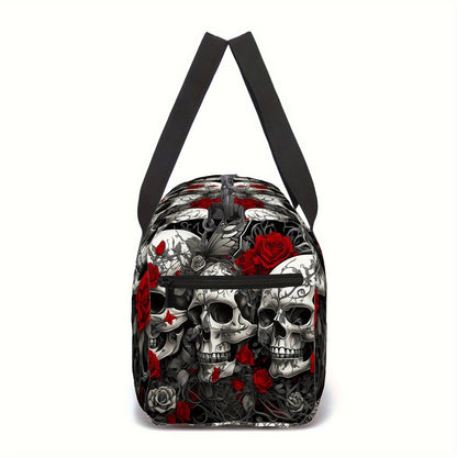Printed Travel Bag with Skull and Rose Petals, Trendy Outdoor Luggage Bag for Both Men and Women, Sports Yoga Bag