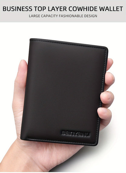 Genuine Leather Three-Fold Wallet for Men, 13 Card Slots with Anti-Theft Feature