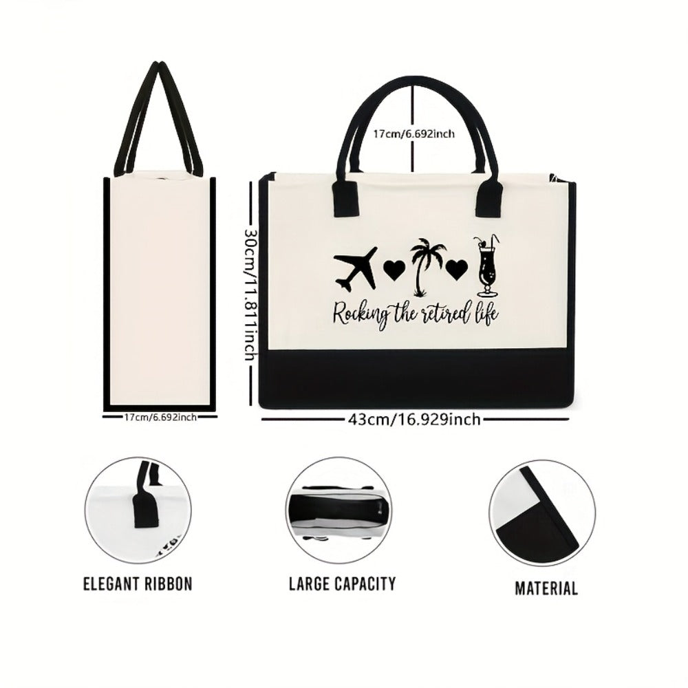 1pc "Rocking the Retired Life" Tote Bag - Large Capacity, Black & White, Ideal for Grandparents, Retirees, and Daily Commute, Hand Washable, Everyday Tote Bag|Playful Design|Durable Handle, Retirement Gifts
