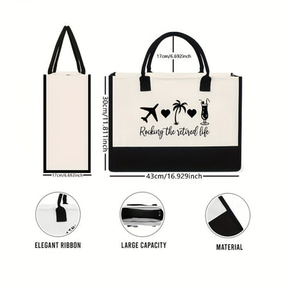 1pc "Rocking the Retired Life" Tote Bag - Large Capacity, Black & White, Ideal for Grandparents, Retirees, and Daily Commute, Hand Washable, Everyday Tote Bag|Playful Design|Durable Handle, Retirement Gifts
