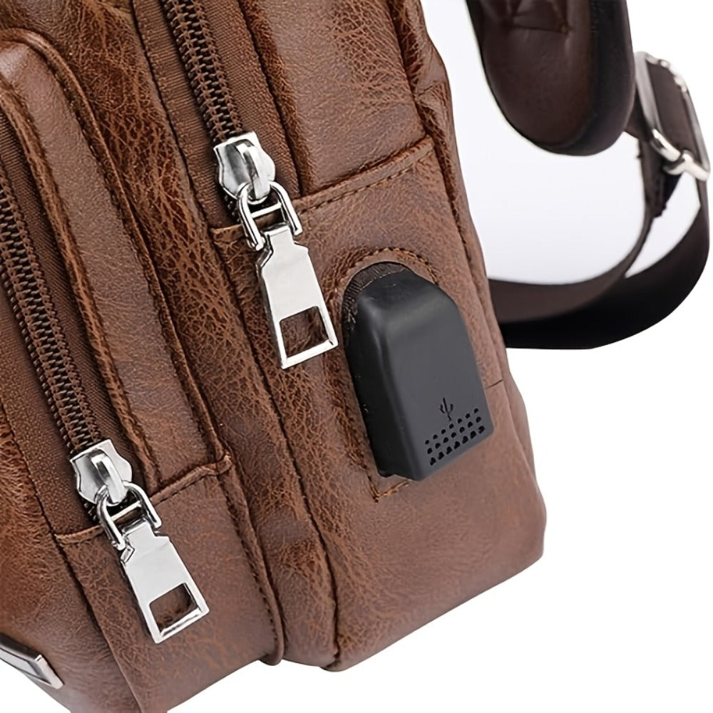 Faux Leather Sling Chest Bag, Lightweight Crossbody Bags for Men Women, Mini Sash Bag with USB Charging Port, One Strap Backpack for Travel Outdoor Camping (Light Brown/Black)