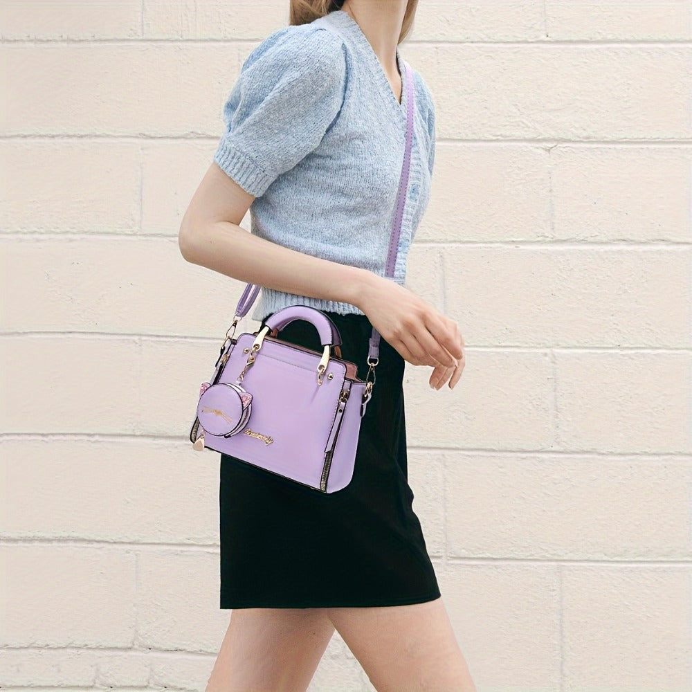 Fashion Ladies Top Handle Satchel Bags - Small Purses And Handbags For Women Teenage Girls - With Kitten Pendant -  Suitable for Everyday Use & Parties - Perfect Gift for Teenagers & Young Women