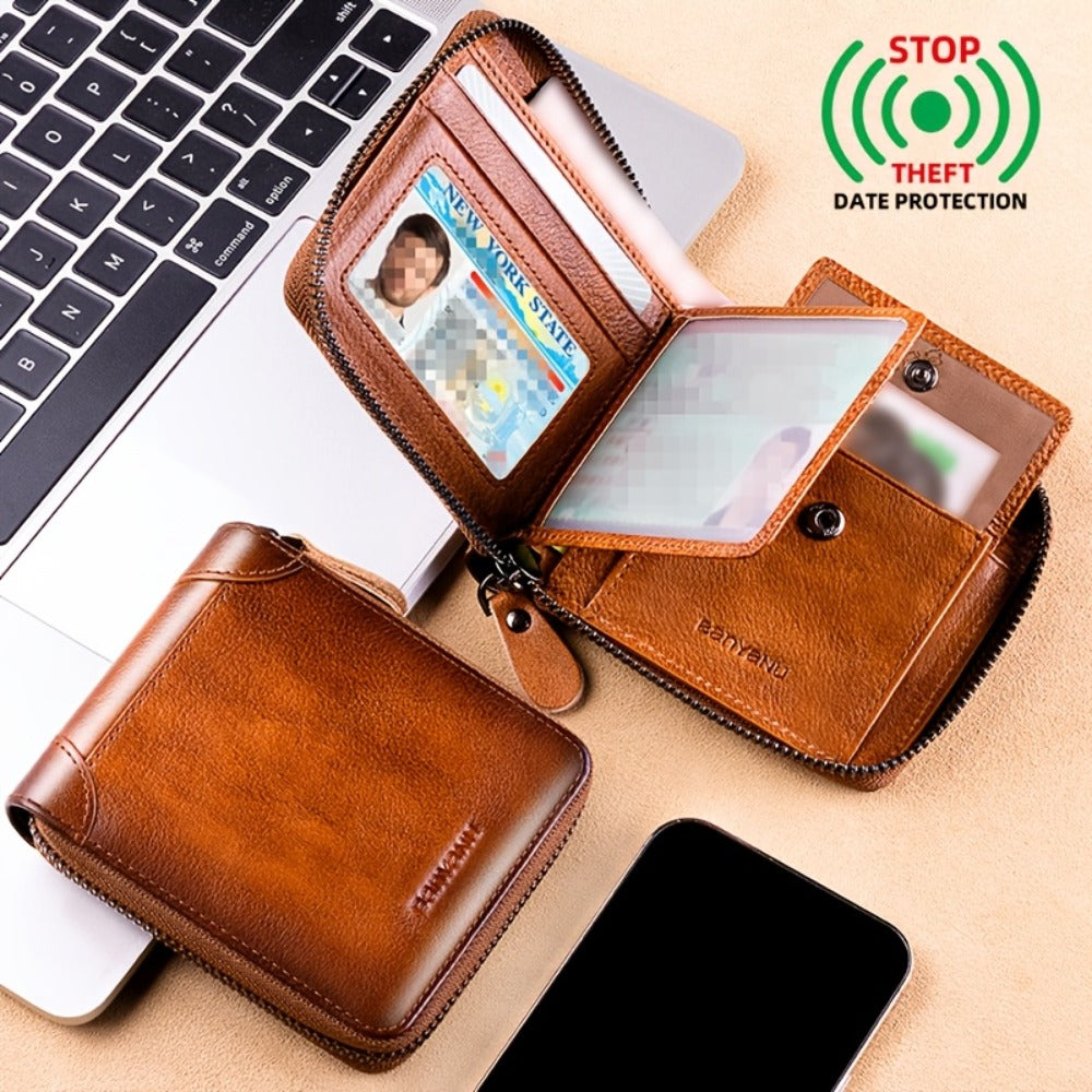 BANYANU Retro Men's Leather Zipper Wallet RFID Large Capacity Folding Multi Card Head Layer Leather Wallet Can Put Coins Wallet Father's Day Valentine's Day Gift 8 Card Slots