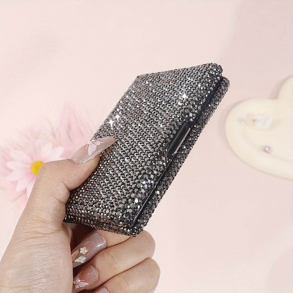 Anti Theft Diamond Inlaid Aluminum Alloy Card Box, High-Value Shiny Business Card Box with Artificial Diamonds, Women'S Anti Magnetic Portable Compact Card Box