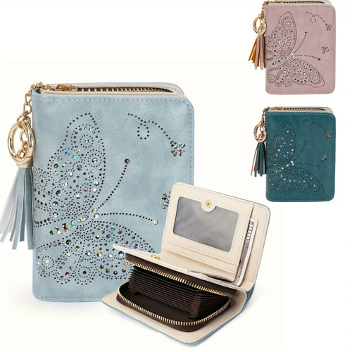 Wallet Women RFID Blocking Small Wallets With Cash Clutch Compact Bifold With Zipper Coin Pocket Ladies Credit Card Holder Glittery Butterfly Travel Purse With Tassel GREEN Mom Gift Tote Essential Daily