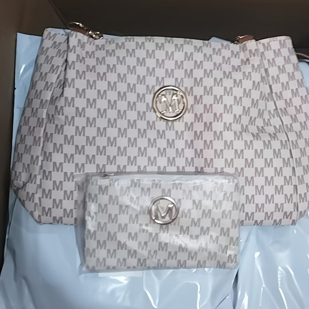 Two-Piece Set Large Capacity Shoulder Bag, Suitable for Elegant Urban Women, Lotus Pattern M Print, Fashionable M-Shaped Hardware Buckle Design, Lightweight Fixed Shoulder Strap, Suitable for Multiple Occasions - Perfect Gift