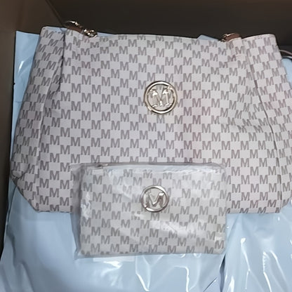 Two-Piece Set Large Capacity Shoulder Bag, Suitable for Elegant Urban Women, Lotus Pattern M Print, Fashionable M-Shaped Hardware Buckle Design, Lightweight Fixed Shoulder Strap, Suitable for Multiple Occasions - Perfect Gift