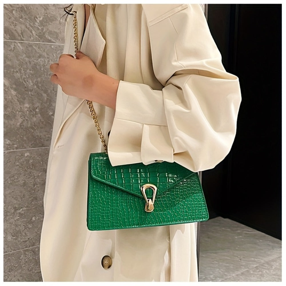 Pink Snake Print Crossbody BagFor Women, Stylish Women's Crocodile Pattern Handbag - Black Shoulder Bag With Detachable Strap Golden-Tone Hardware & Chain Strap, Crossbody Bag Purse Christmas Bags For Gifts Christmas Gift Bags