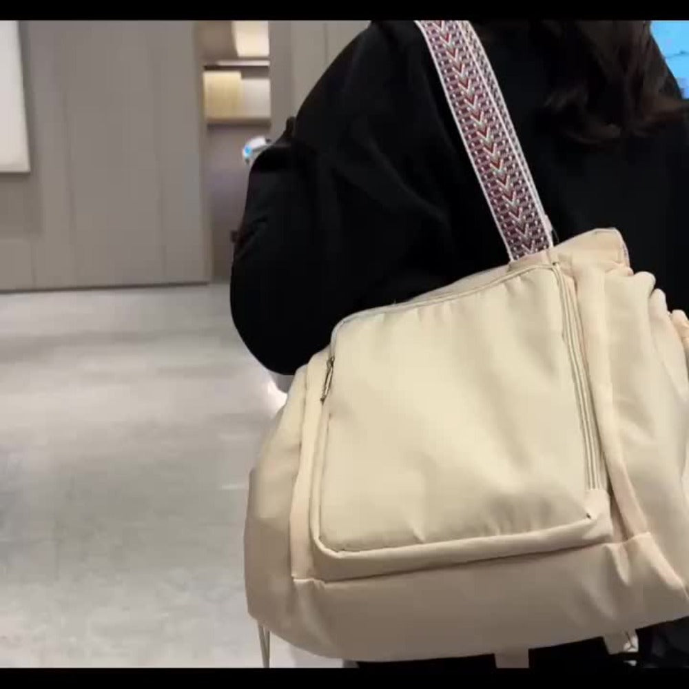 1pc Spacious Nylon Shopping Bag | Lightweight Foldable Travel Handbag with Multiple Pockets, Adjustable Shoulder Strap, Zipper Closure, and Folding Water Cup - Perfect for Camping and Travel