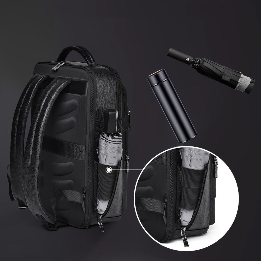 Genuine Leather Laptop Backpack for Men Fit 15.6 Inch Laptop, Business Work Office College Medium Backpack with USB Charging Port, High Quality Black Travel School Bag