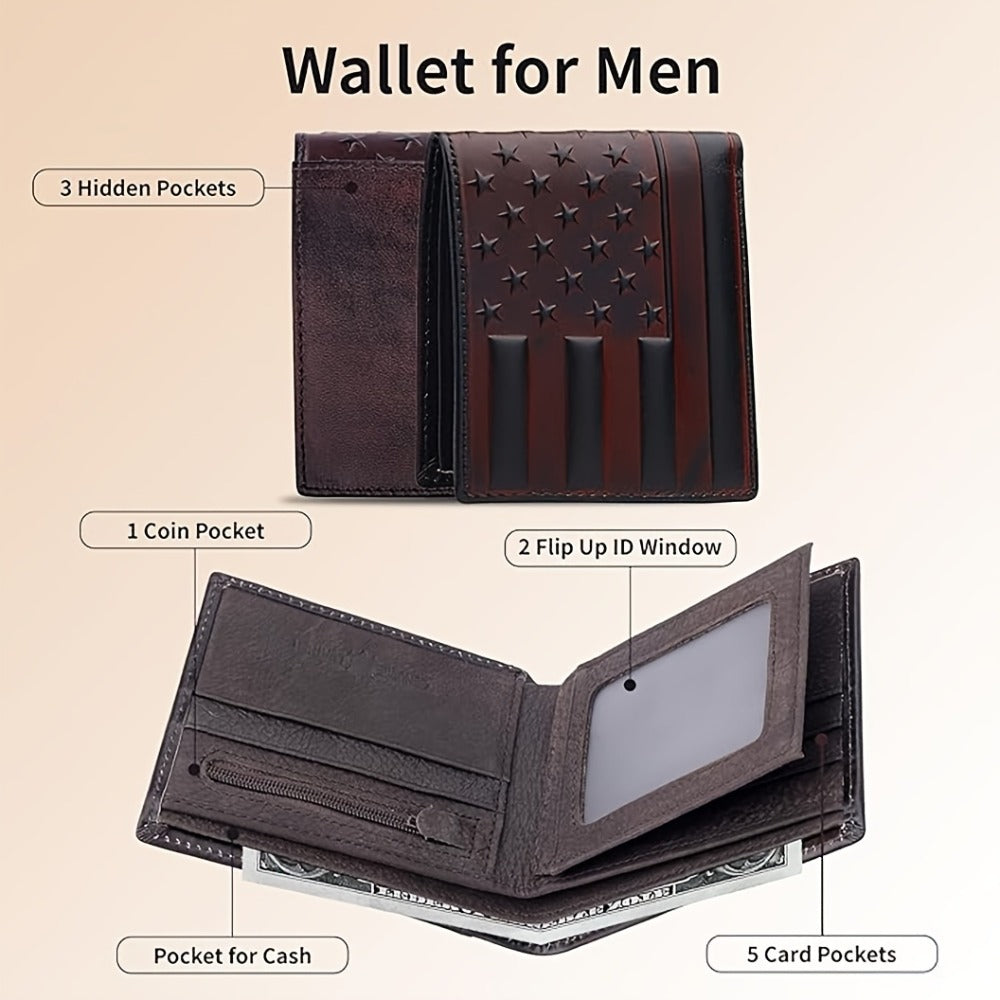 1pc Brown Genuine Leather Wallet Featuring an Embossed Flag Pattern, Designed in a Vintage Western Cowboy Style with Exquisite USA Flag Stars. It Has a Bifold Design with ID Windows And Card Slots, Making It a Short Bifold Wallet