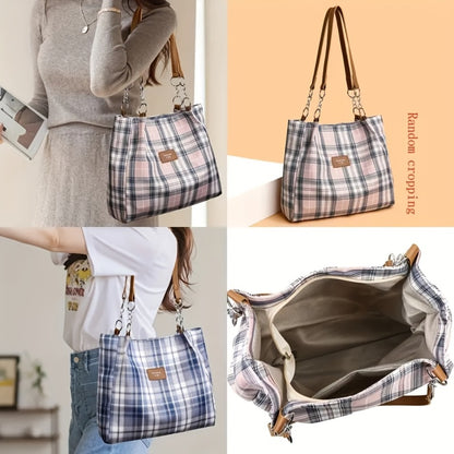 Stylish Plaid Tote Bag, Spacious Shoulder Bag, Simple Commuter And School Tote Bag