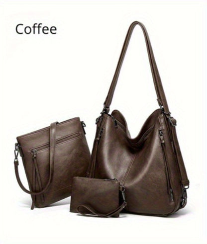 3pcs Women's Set Bag - Large Capacity Solid Color Shoulder Bag Set Backpack Multiple Ways to Carry Daily Commute