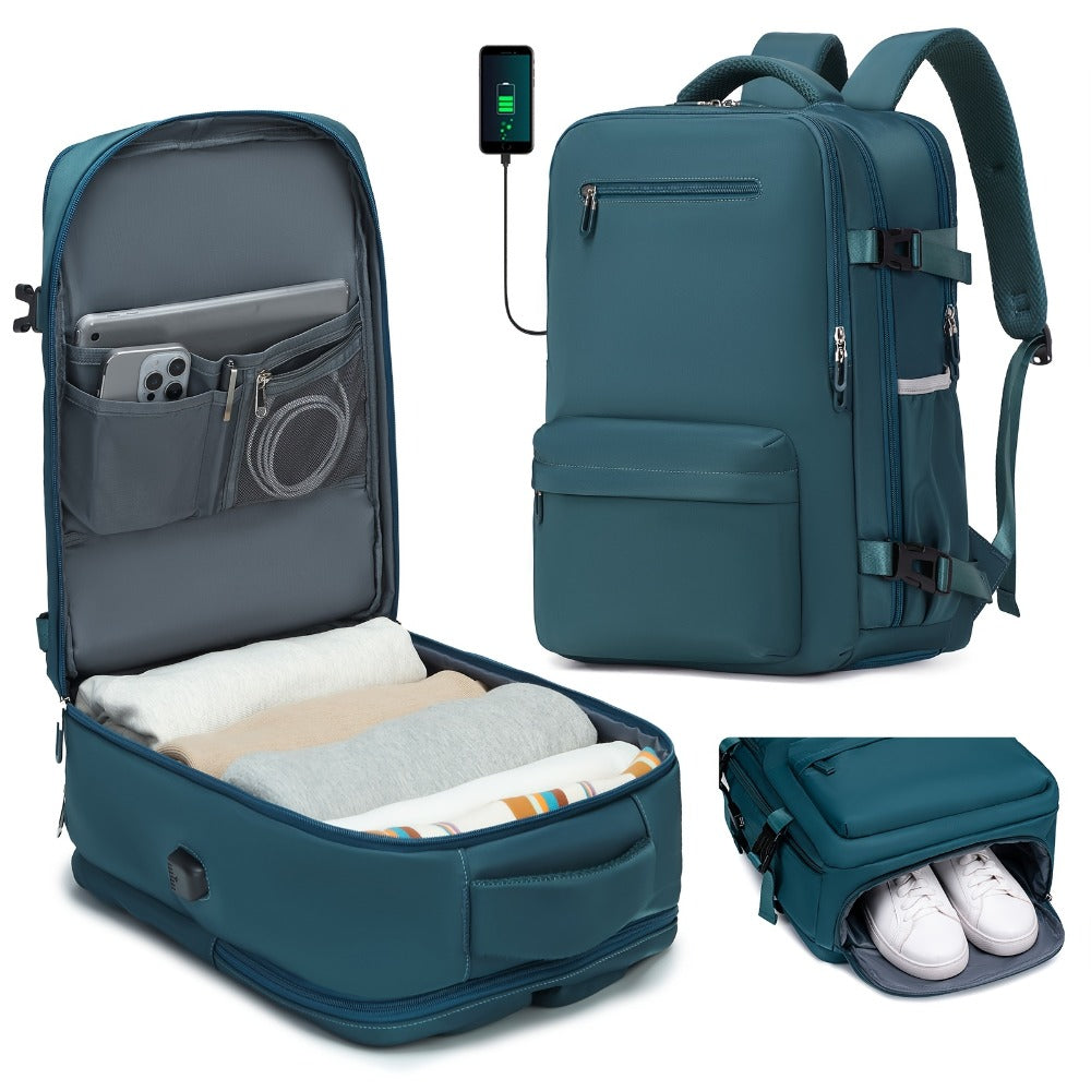 Men'S & Women'S Nylon Travel Backpack with Shoe Compartment, Laptop Sleeve, Wet/Dry Separation Pocket, USB Charging Port, and Multiple Compartments - Stylish Teal Casual Daypack for Travel & Commute, Backpack for Travel