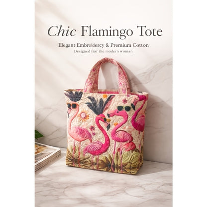 Flamingo with Sunglasses Quilted Applique Tote Bag, Tropical Summer Shoulder Purse for Women