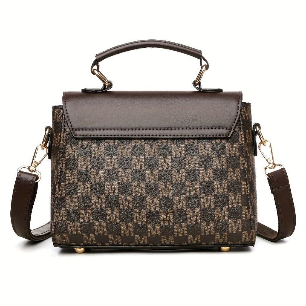Vintage Geometric Women's Handbag - Large Capacity PU Shoulder Bag with Golden Hardware, Herringbone Pattern and "M" Letter Design, Removable Shoulder Strap for Daily Use (Light Brown/ White/ Black)