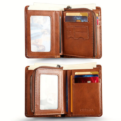 RFID Blocking Bifold Genuine Leather Wallets for Men with Zipper Coin Pouch, Top Layer Cowhide Vintage Multi Function Card Holder Wallet with 2 ID Windows