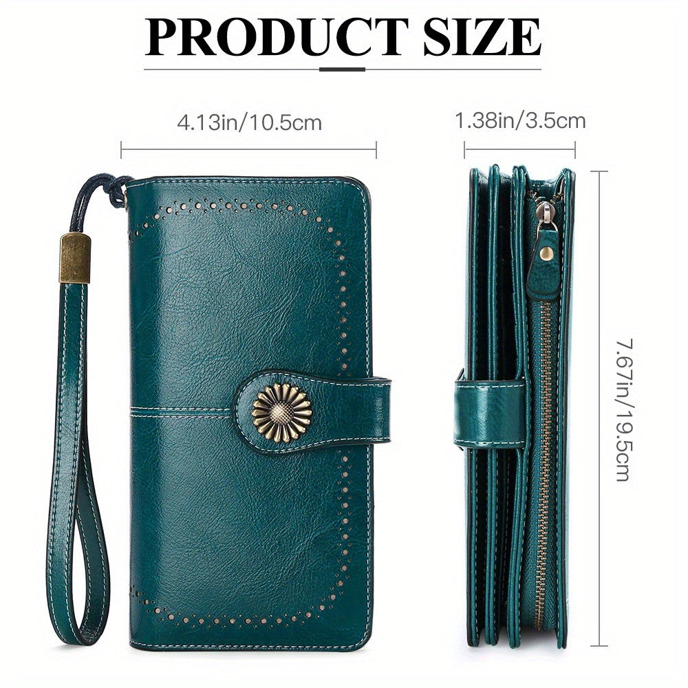 Wallets for Women RFID Blocking, Long Genuine Leather Wallet with 24 Card Slots & Phone Pocket, Large Capacity Zipper Wristlet, Gift Box for Daily Use, Sunflower Print