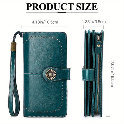 Wallets for Women RFID Blocking, Long Genuine Leather Wallet with 24 Card Slots & Phone Pocket, Large Capacity Zipper Wristlet, Gift Box for Daily Use, Sunflower Print