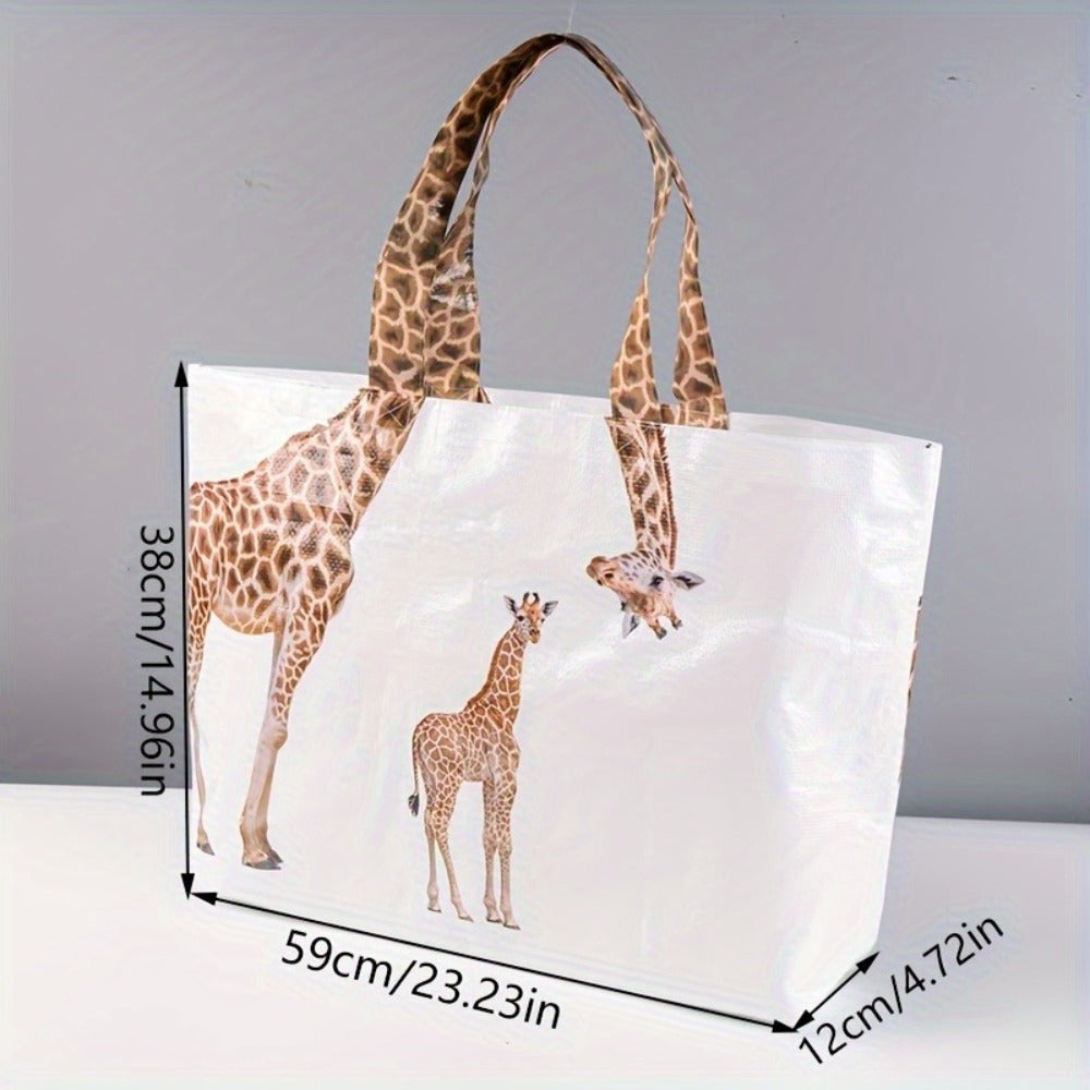 1 creative giraffe tote bag woven bag, gift shopping bag composite woven bag giraffe tote bag, travel storage large capacity handbag, waterproof and moisture-proof, reusable