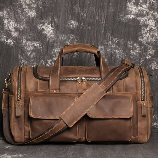 Men's Genuine Leather Luggage Bag - Vintage Crazy Horse Genuine Leather Large Capacity Travel & Gym Duffel with Multi-Pocket Design, Top-Grain Layer Suitable for Christmas Gift for Husband, Fitness, Commuting, Business Trips, Casual Use