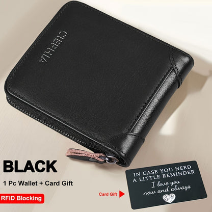 Men'S Genuine Leather Zipper Wallet RFID Secure Large Capacity Double Fold Multi-Card Top Layer Leather Wallets for Men And Coin Purse Christmas Father'S Day/Valentine'S Day/Anniversary Gift The Set Includes a Greeting Card