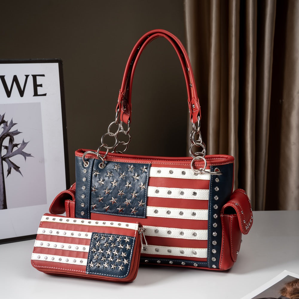 American Flag USA Stars And Stripes Patriotic Faux Leather Purse Women Rhinestone Country Handbag Wallet Set Red White And Blue