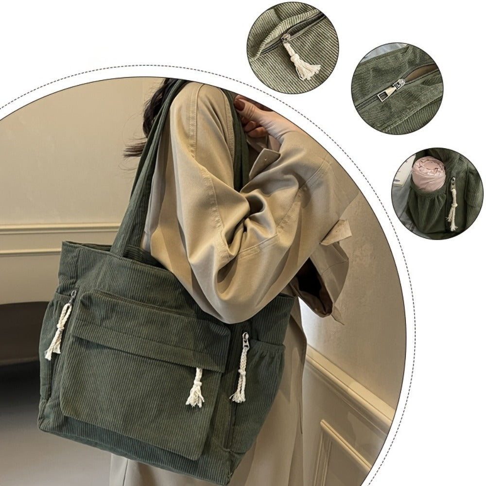 Spacious And Trendy Shoulder Bag for Women, Crafted from Corduroy Fabric. an Essential Addition to Your Wardrobe, It Includes Small Inner Pockets, a Zipper Closure, a Chic Minimalist Design for Underarm Wear, And Elastic Side Pockets