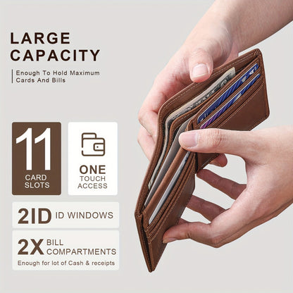 Handcrafted Vintage Bifold Wallet for Men - GSOIAX Premium Crazy Horse Faux Leather | 11 Card Slots + 2 ID Compartments + 2 Cash Sections | RFID Protection | Perfect Gift