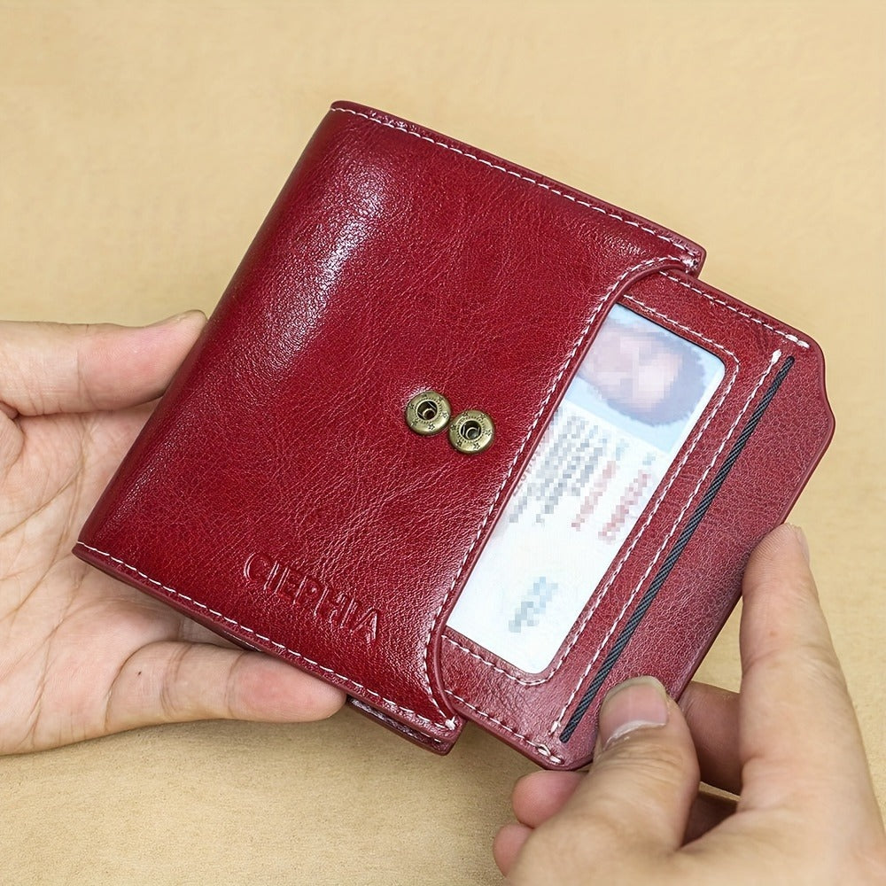 Solid Color Genuine Leather Compact Trifold Wallet With Rfid Blocking, Detachable Id Window & Multi-Card Slots