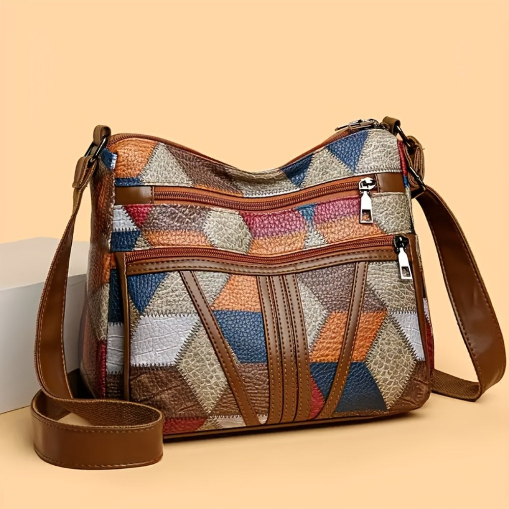 2pcs Set: Geometric Splicing Bag+premium Keychain, Women's Crossbody Bag, Large Capacity Imitation, Ethnic Style Shoulder Strap Embellishment, Daily Travel Handbag, Retro Style Shoulder Bag, Occasion Theme, Multifunctional Car Keychain