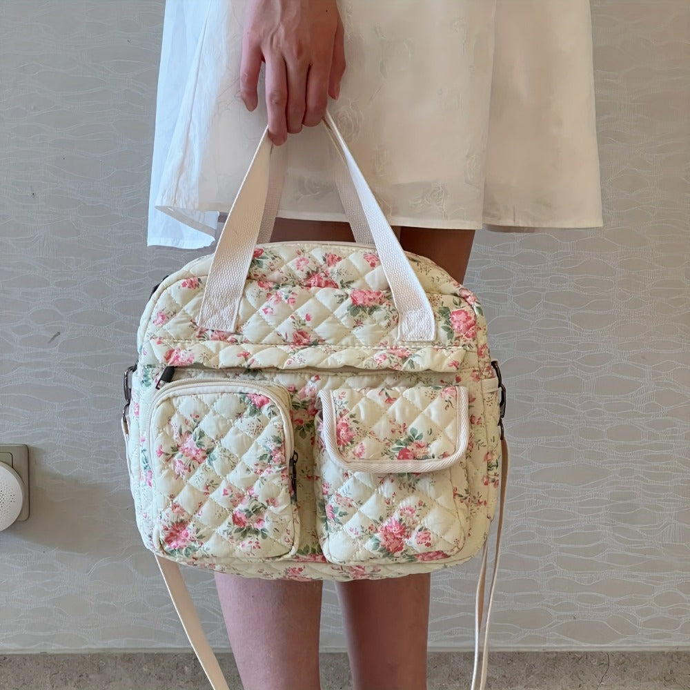 2pcs/Set Small Cute Floral Quilted Tote Bag with Multi-Pockets for Women, Crossbody Shoulder Everyday Handbags