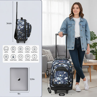 20 Inch Travel Rolling Backpack with Retractable Handle,Large Capacity Backpack with Wheels for Women & Men,Printing Travel Trolley Suitcase Bag for Weekend, School, Overnight, Work