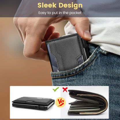 Wallet for Men, Mens Wallet Minimalist Slim Wallet, RFID Blocking Smart Pop Up Wallet with Money Clip & ID Window, Metal Compact Wallet, Aluminum Credit Card Holder Slim Leather Wallet Best Gift