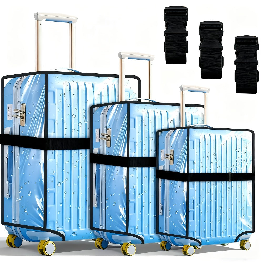 Set of Three Transparent Luggage Covers And Three Adjustable Straps, Designed to Be Waterproof, Scratch-Resistant, And Dust-Proof. These Protective Covers Fit Suitcases of 20, 24, And 28 Inches