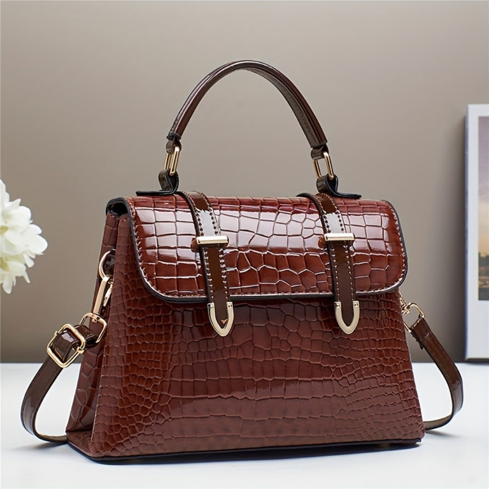 Women's Crocodile-Texture Handbag with Adjustable Strap - Multi-Way Crossbody/Shoulder Bag, Buckle Closure, -Tone Hardware & - Casual & Dressy Purse (, Tan,,,,,) - Oil