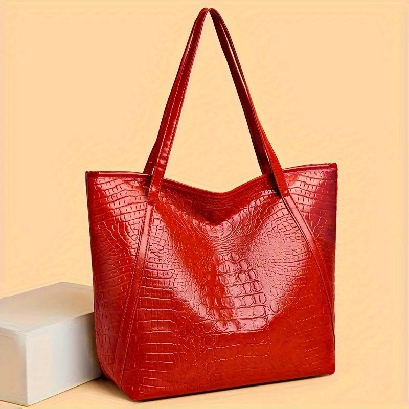 Stylish Black Crocodile-Print Women's Handbag - Large Capacity Scratch-Resistant Tote with Zipper Closure, Fixed Shoulder Strap & Cosmetic Pouch for Shopping, Commuting, Parties