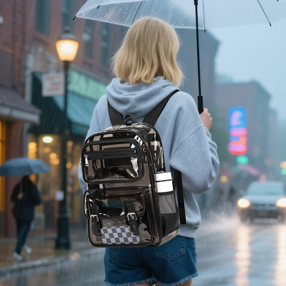 Women's PVC Transparent School Backpack with Large Capacity Multi-Pocket Bookbag, Adjustable Shoulder Straps & Transparent Panels Suitable for School, College, Office, Computer Bag, Laptop Carrier, Zipper Closure