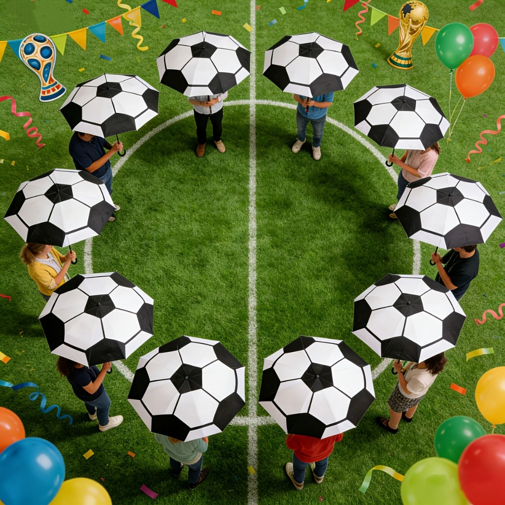 This New Folding Umbrella Features A Large Soccer Ball Print. It'S An Essential Umbrella For Soccer Enthusiasts, Portable, And Suitable For All Seasons. It'S A Casual Outdoor Accessory And A Must-have For The Home.