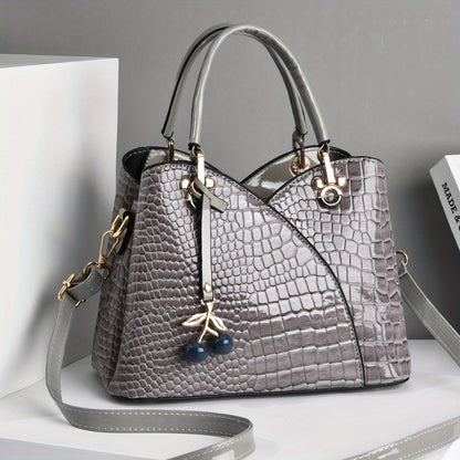 2022 Newest Trendy Women's Faux Crocodile-Texture Handbag with Cherry Pendant - Stylish Black and Red Shoulder and Crossbody Bag, Zip Closure, Polyester Lining, Edge Paint Detail, Crossbody Bag|Chic Shoulder Bag|Zippered Bag