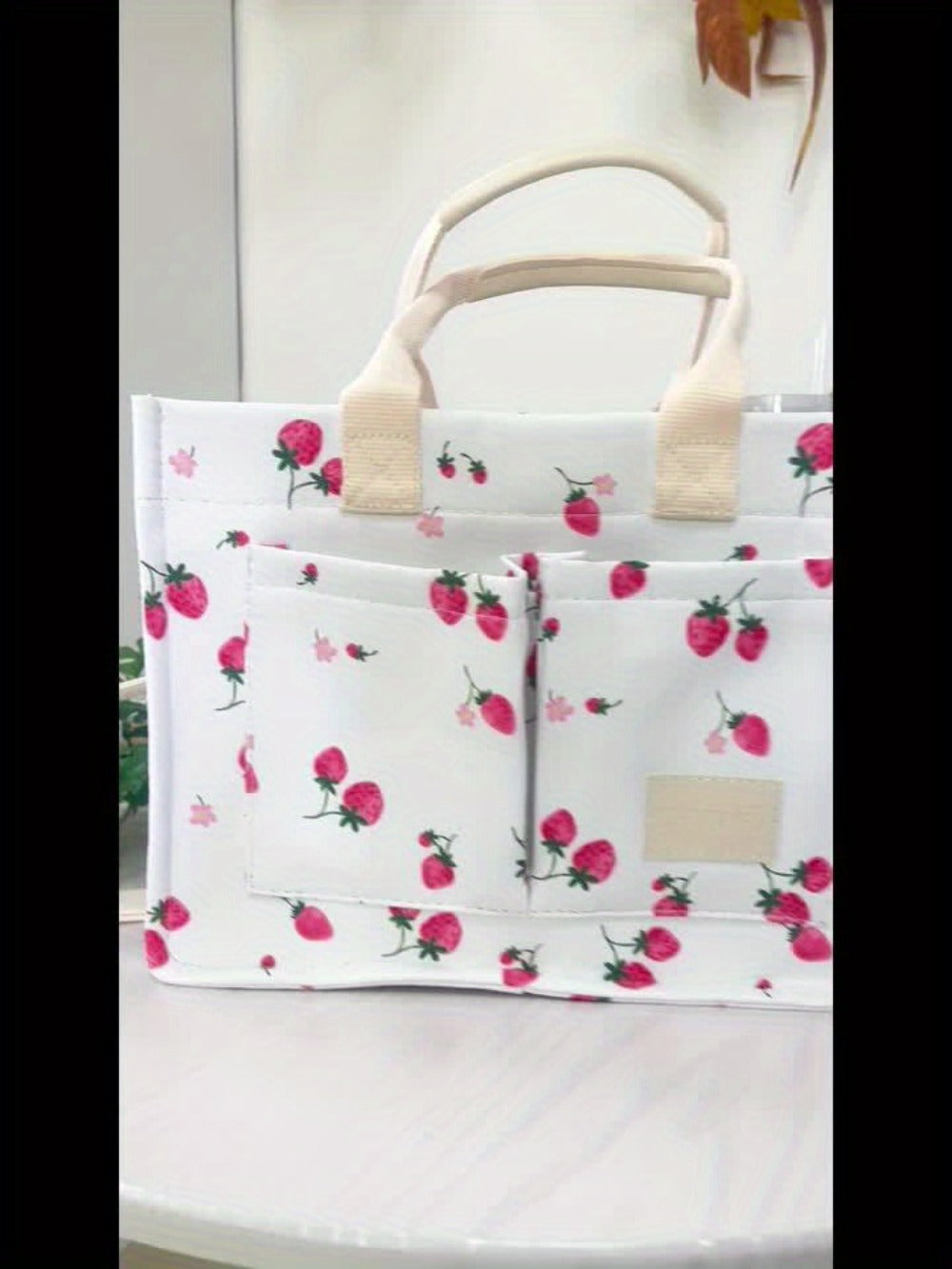 Tote Bag for Women Patched Purse Cute Shoulder Bag Multi-Pocket Satchel Handbag for Work Travel, Strawberry, Cherry, Daisy