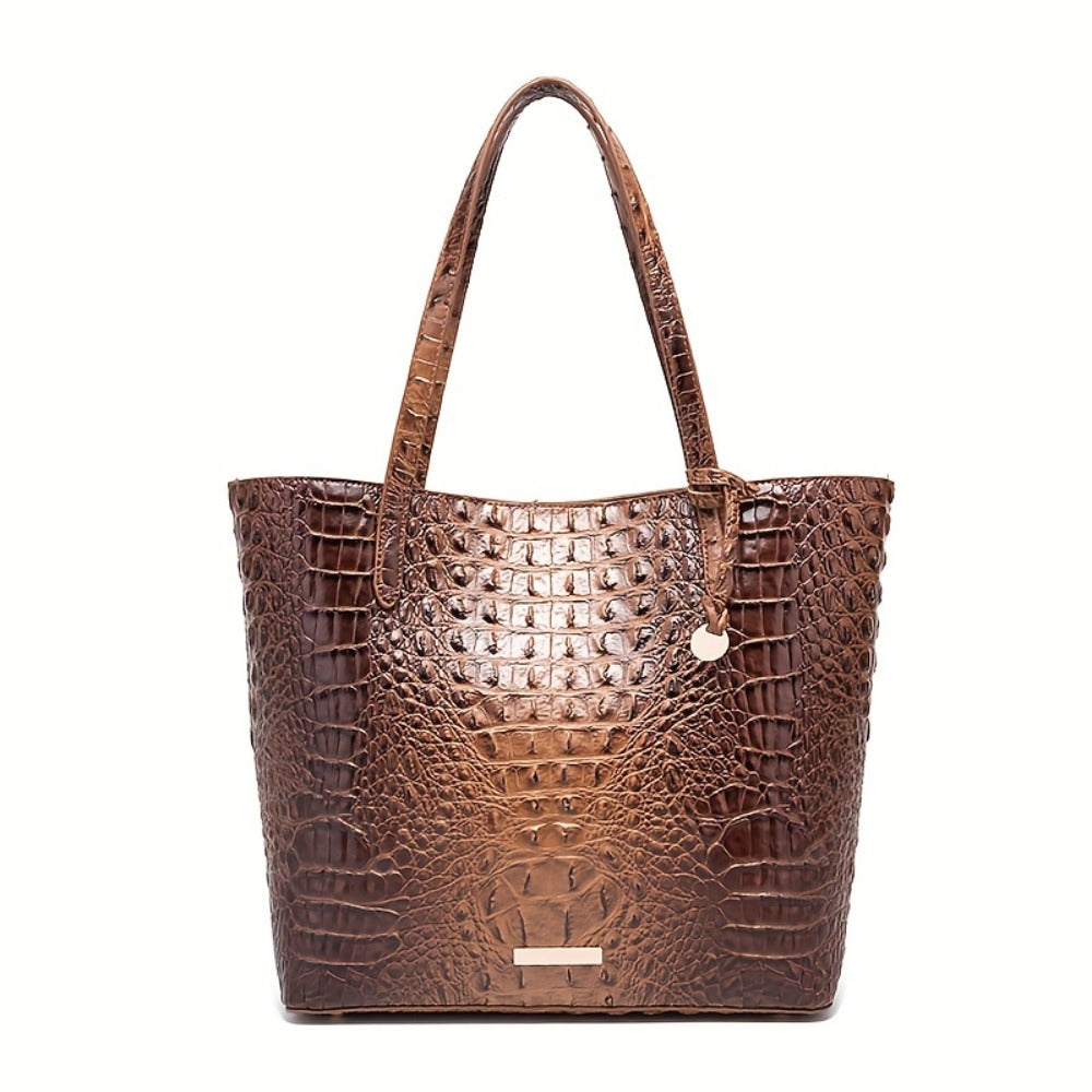 Stylish Two-Part Tote Bag Featuring a Crocodile Design And Elegant Metal Details, Offering Ample Storage for Versatile Carrying Options, Ideal for Various Occasions