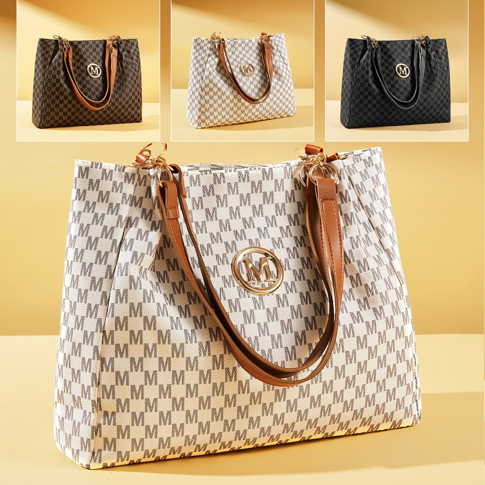Women's PU Large Capacity Vintage Tote & Crossbody Bag with M Print Character & Hardware - Retro Shoulder Handbag Suitable for Travel,,, Machine Washable, Zipper Closure, //