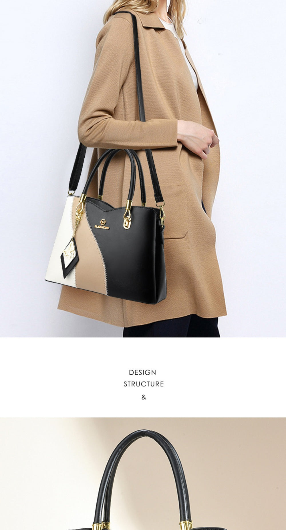 Colorblock Top-Handle Satchel Bag for Women - Faux Leather Purse with Zipper Closure, Large Capacity Shoulder Tote with Messenger Strap and Edge Paint Detail, Fashionable Handbag