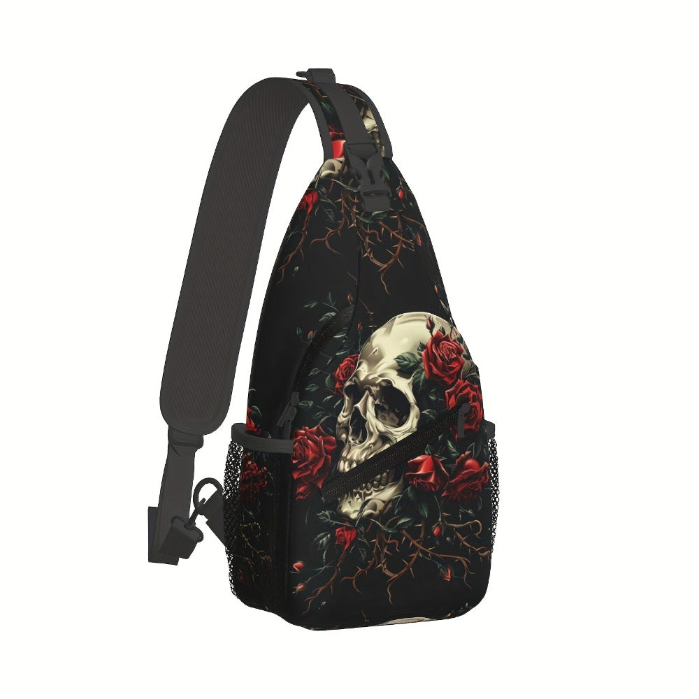Crossbody Chest Hiking Backpack Skull And Red Roses Shoulder Folding Large Capacity Fashion Durable Can Be Used For Shopping, Work, Travel Beach Fishing Backpack Halloween Travel Backpack For School Back Christmas Gifts