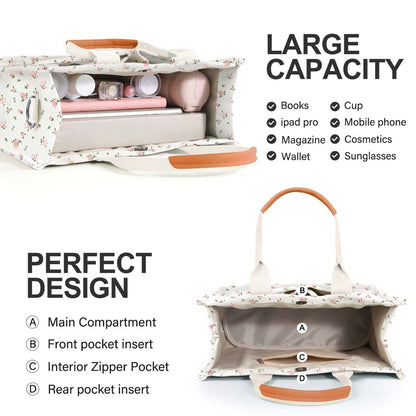 Chic Floral Canvas Tote Bag for Women, Versatile Shoulder & Crossbody Laptop Handbag, Sturdy Handle Construction, Multiple Pockets, Perfect for Work and Daily Commuting