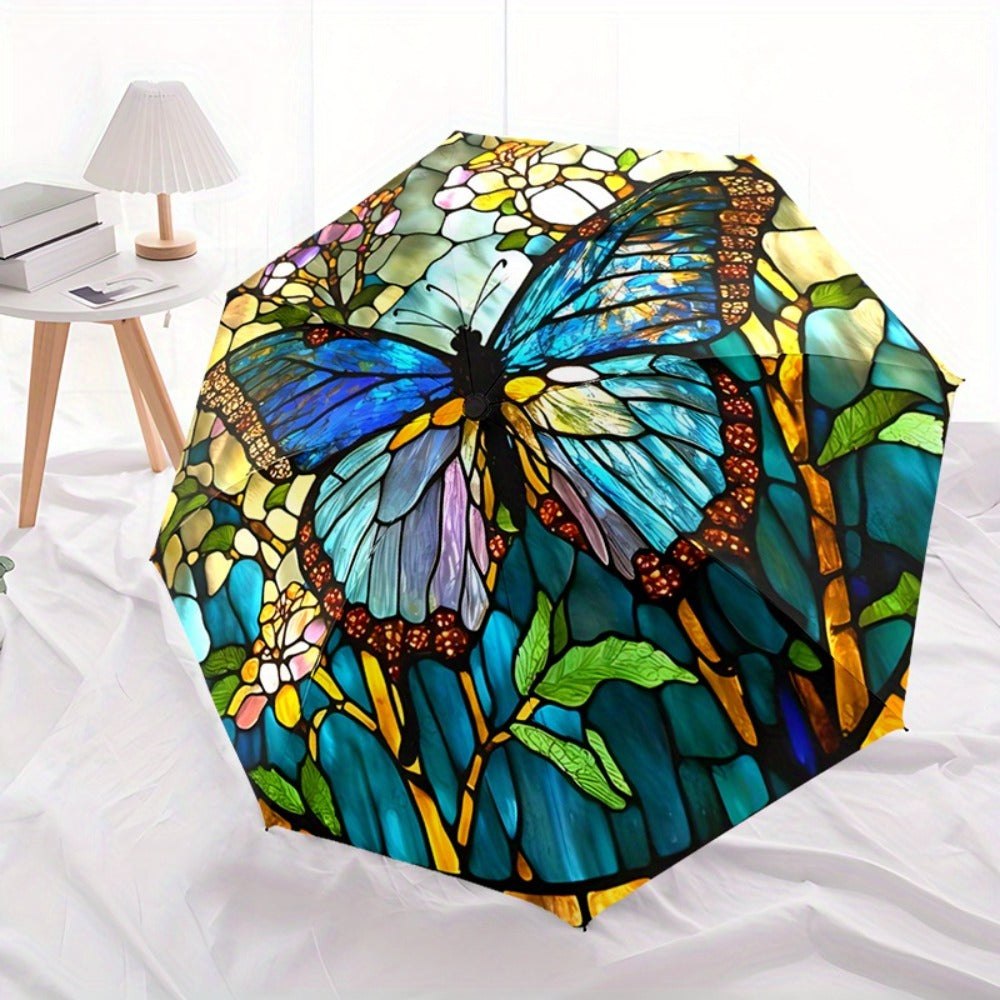 Auto Open-Close Umbrella - Painted Butterfly Pattern with Blue And Golden Floral Design, Sturdy 8-Frame Structure, Auto Fold/Unfold Function, Portable Travel Umbrella, Suitable for Women, Parties And Daily Use, Elegant Sunshade