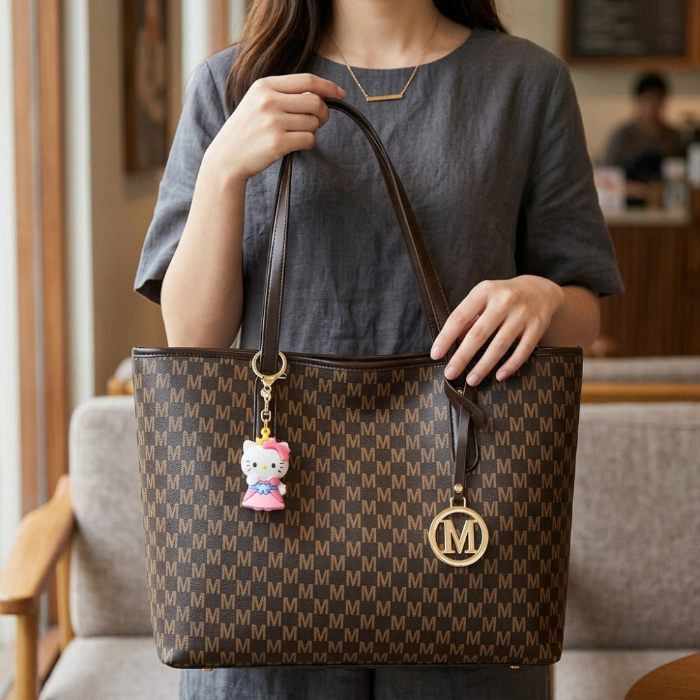 Sanrio Women'S Large Capacity Tote Bag, with Small Pink Bag And Decorative Bow, Zipper Closure Design, 3pcs/4pcs, Fashion Letter Print Shoulder Bag, Handbag for Daily Casual Travel Commute